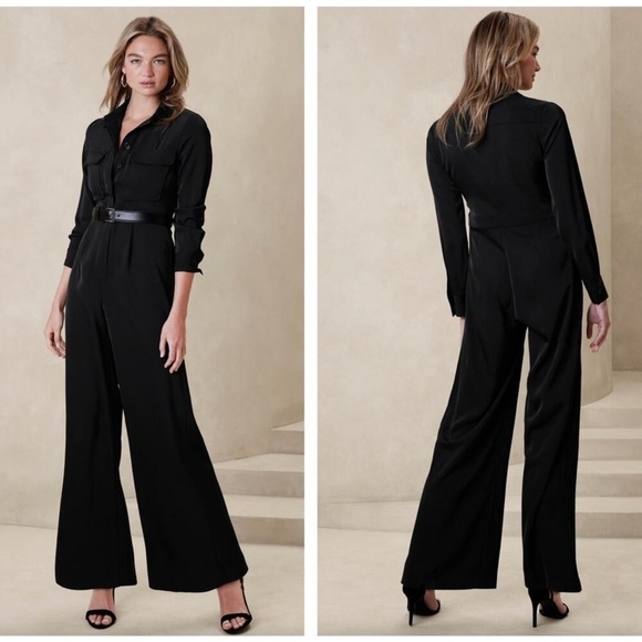 NWT! Banana Republic Black Long Sleeve Wide Leg Jumpsuit - Size 4 petite 🦒 - Picture 2 of 4